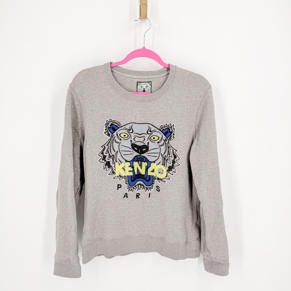 Kenzo Gray Sweater with Blue and Yellow Tiger Design